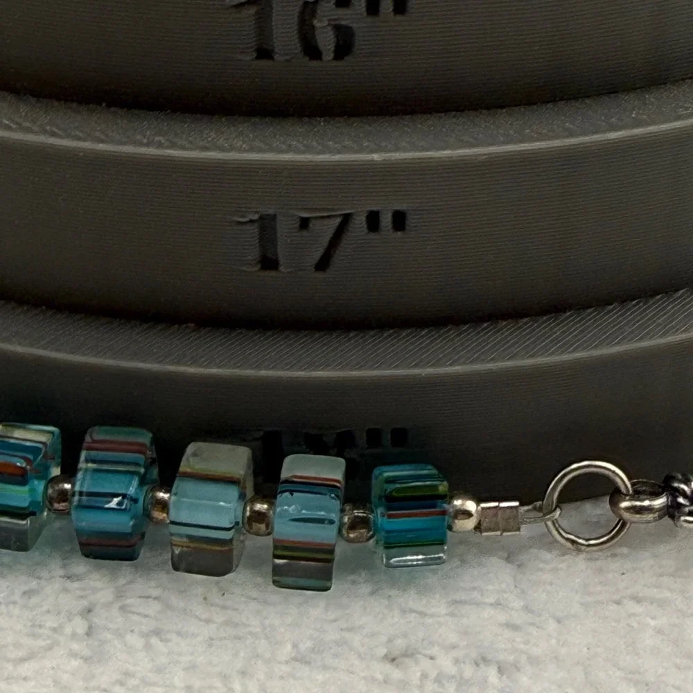 Vintage Handmade Necklace Blue Striped Glass Beaded Square Boho 18